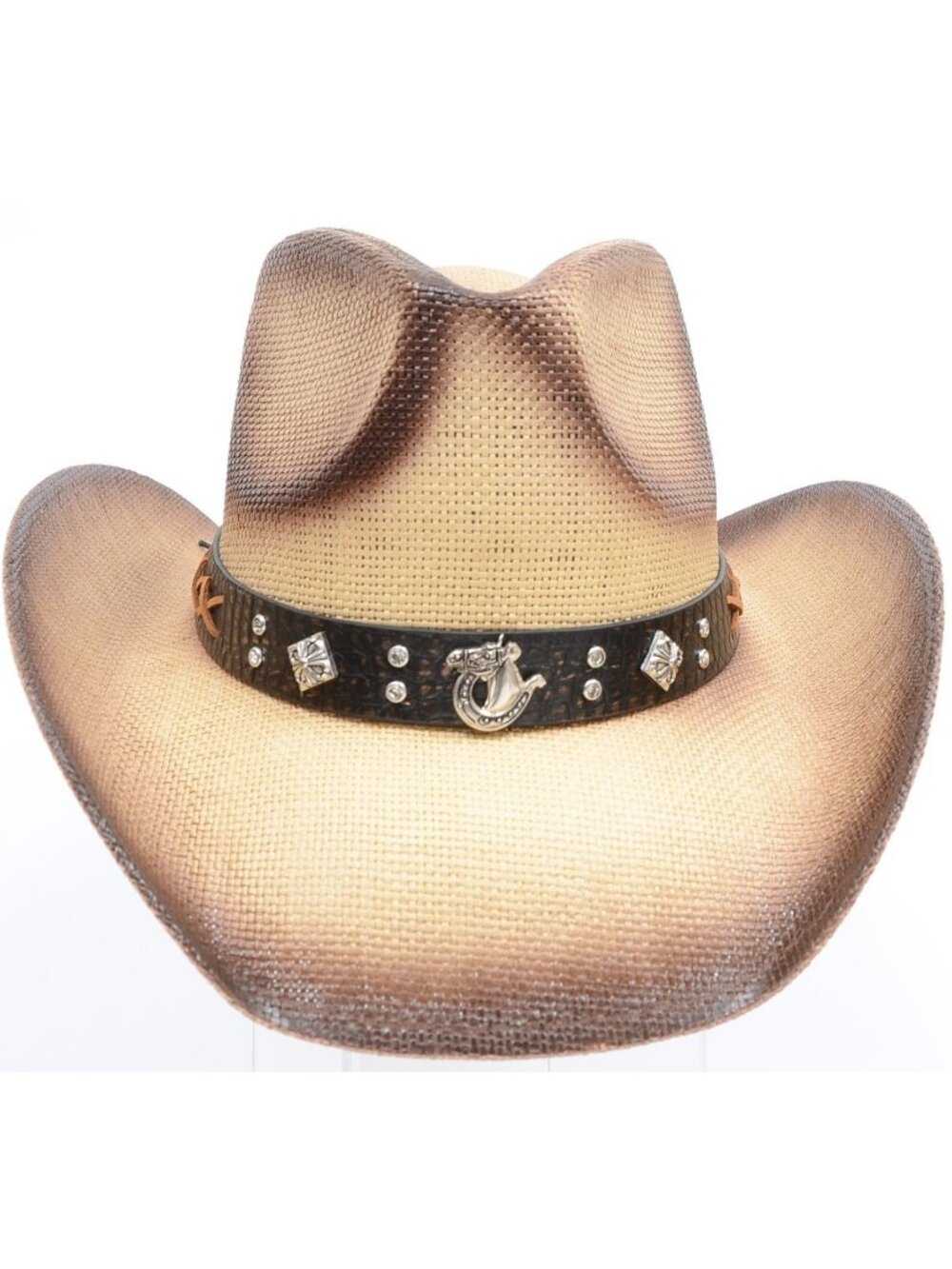 H&D Horseshoe Motif Metallic Studs Vegan Leather Band Straw Cowboy Hat Western